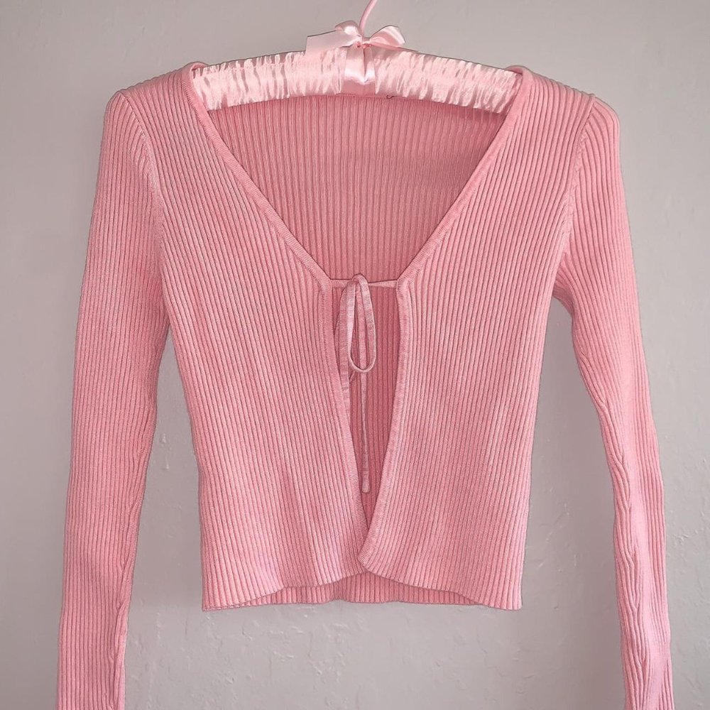 DollsKill pink tie cardigan